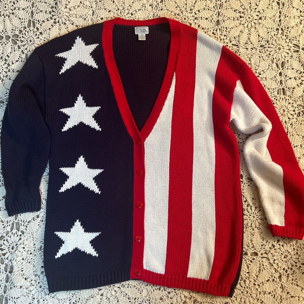 Vintage 80s Casual Corner Forth of July American Flag Cardigan Sweater